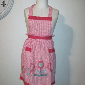 Vintage Child's Apron Red Gingham Checked Full Bib Apron Floral Appliques